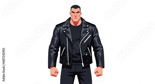 Stylized vector illustration: formidable figure in black leather jacket with stern expression