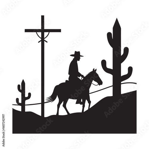 Cowboy And Horse By Desert Telegraph Lines