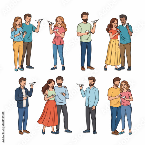Couples throwing paper airplanes, joyful moments, friendship