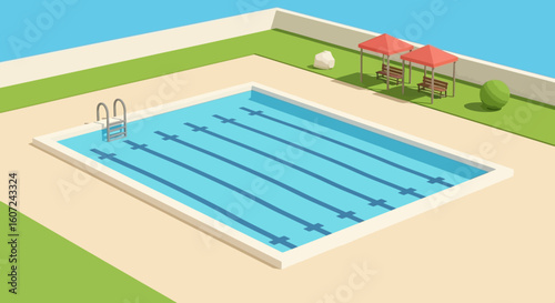 Stylish Swimming Pool Illustration with Lounging Area and Verdant Surroundings for Relaxation and Recreation