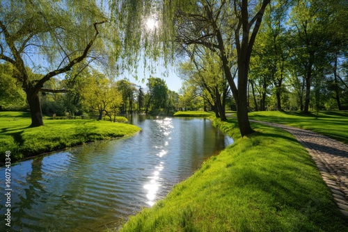 Fototapeta Naklejka Na Ścianę i Meble -  Sunlight filters through weeping willow branches onto a tranquil river in a lush green park with a cobblestone path