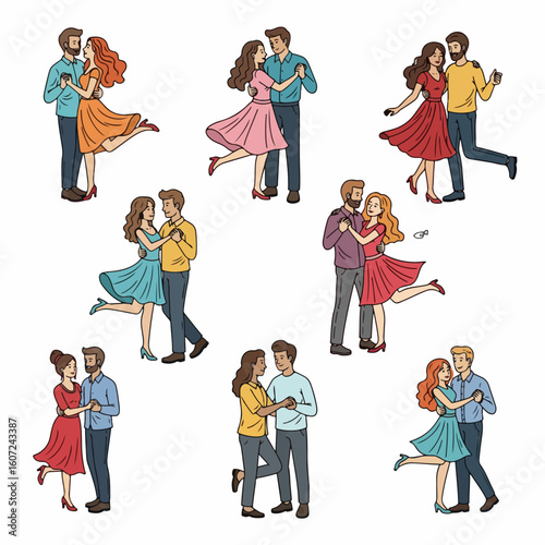 Dancing Couples in Retro Style, Romantic Moments, Social Event