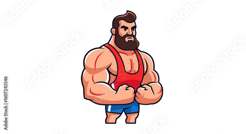 Stylized Cartoon of a Muscular Bearded Man in a Red Tank Top and Blue Shorts Emphasizing Physical Strength