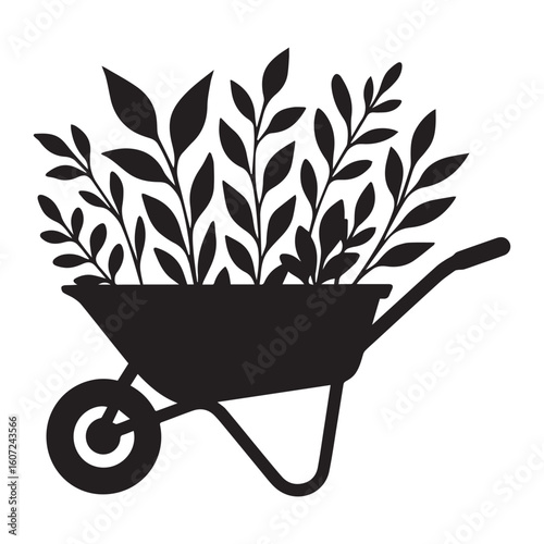Silhouette of a Wheelbarrow Filled with Foliage A Gardening Scene Depicting Growth and Cultivation in Simple Artistic Form