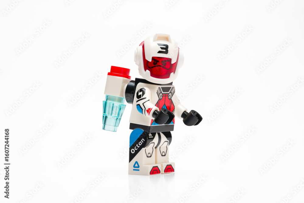 Obraz premium Antalya, Turkey - July 21, 2025: Close-up of a futuristic space-themed Lego minifigure on white background