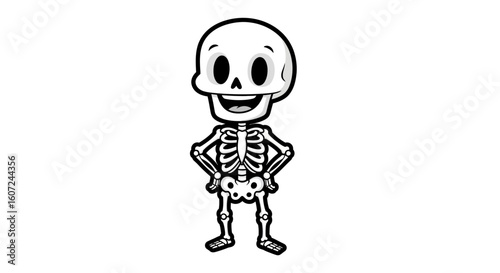 Cartoon Skeleton Character with a Cheerful Expression Isolated on White Background Depicting Halloween Imagery and Anatomy Illustrations