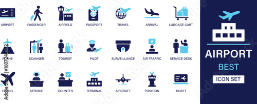 Airport icon set collection. Passenger, airfield, passport, travel, arrival, luggage cart, plane, scanner, tourist,, pilot, ticket and best solid icon set.