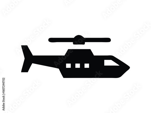 Simple black silhouette icon of a helicopter with rotor blades and tail rotor on white background