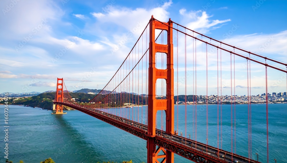 Obraz premium Golden Gate Bridge spanning a bay, dramatic view