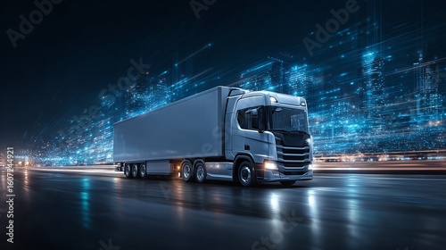 Freight Truck on City Highway at Night

A sleek, modern freight truck navigates a city highway at night, illuminated by digital network lines in the background.