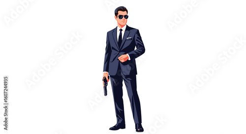Stylish Secret Agent Illustration with a Gun and Dark Sunglasses Ready for Action, Suave Operative on a Mission, Prepared for anything