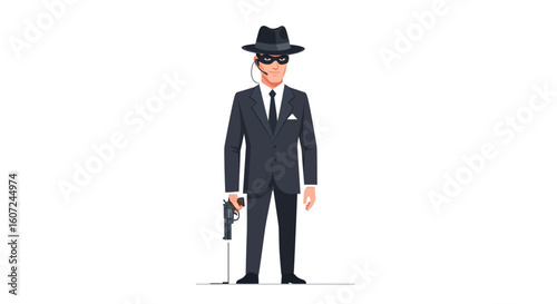 Mysterious agent in disguise, poised for action with a subtle air of confidence, blending vintage charm with modern technology for a clandestine