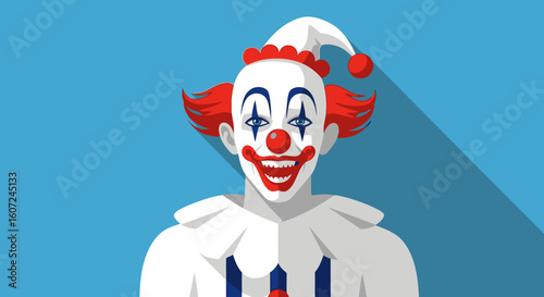 Cartoonish depiction of a playful clown character with full facepaint and unique expression on a light blue background