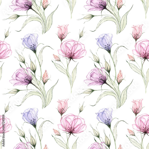 Wallpaper Mural Floral seamless pattern. Watercolor elegant transparent flowers. Violet, pink, lilac airy eustoma. Hand drawn botanical illustration. Background for wedding design, wrapping, fabric, wallpaper, print Torontodigital.ca