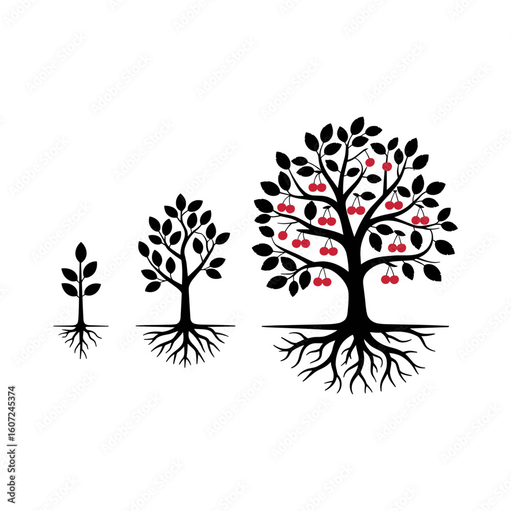 Obraz premium Tree of Life: A symbolic visual narrative of life's journey, showcasing stages of growth from sprout to full-grown tree with fruitful harvest.