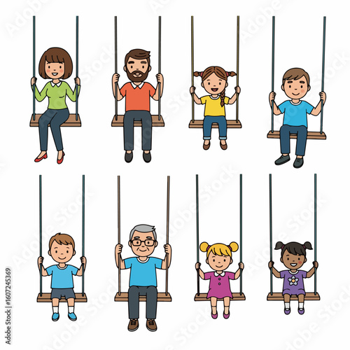 People swinging on playground swings happy children and adults
