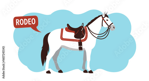Stylized Illustration of a White Horse Ready for Rodeo Competition with Detailed Saddle and Bridle Design on Light Blue Background