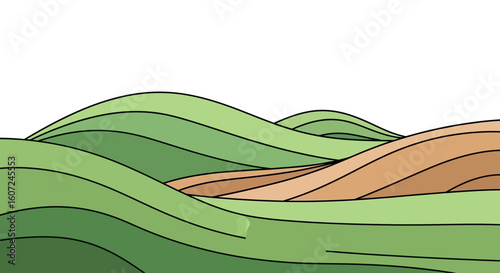 Stylized undulating hills with soft curves and earthy tones landscape illustration depicting rolling countryside and tranquility evoking serenity