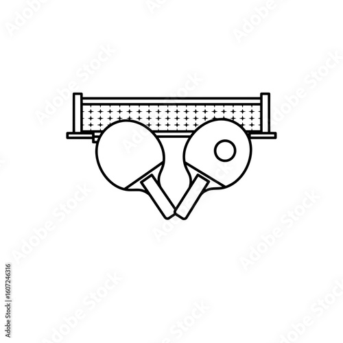 Monochrome vector illustration of two table tennis paddles, a ball, and a net, representing the game setup.