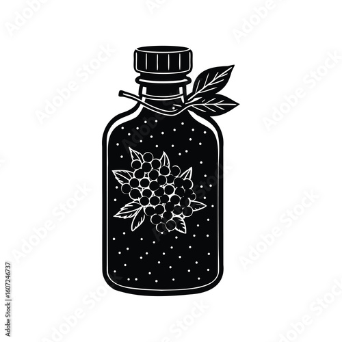 Monochrome Illustration of a Botanical Remedy in a Bottle with Berry Details