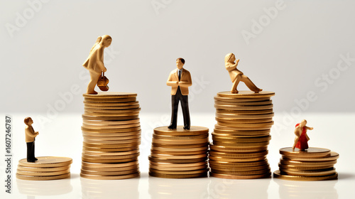 Wooden figures on stacked coins – socioeconomic inequality