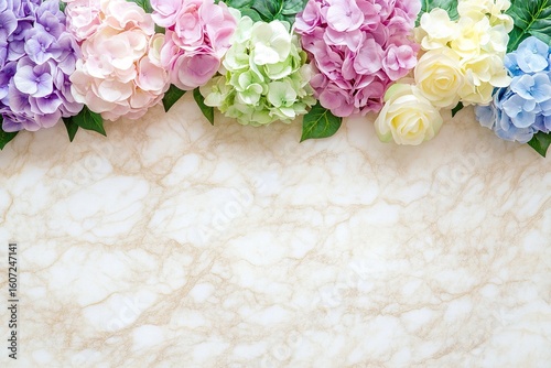 border of colorful hydrangeas on top, a pastel marble background with space for text, for a design or greeting card