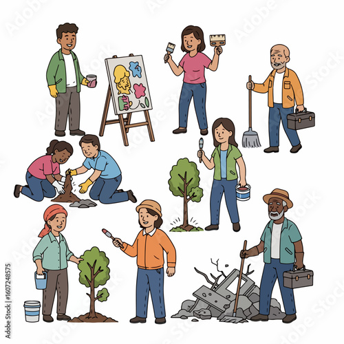 Community volunteers landscaping park planting trees painting
