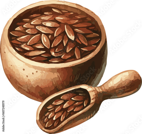 Vector watercolor illustration of flax seeds in a bowl