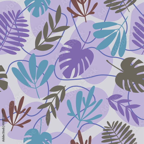 Seamless illustrated pattern with prehistoric colorful plants and leaves on beige blobby background