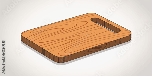 Isometric Illustration of a Rectangular Wooden Cutting Board with a Handle.