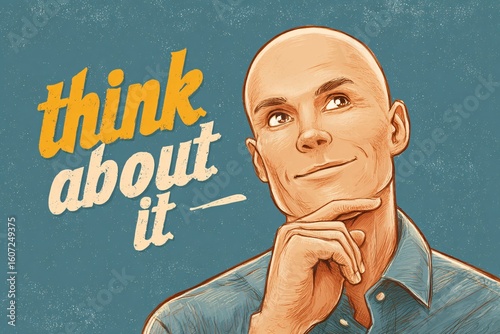 Man Thinking, Hand on Chin, Looking Upward