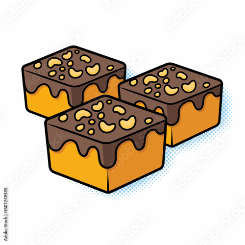 Three Delicious Cashew Chocolate Brownies Sweet Treat Dessert.