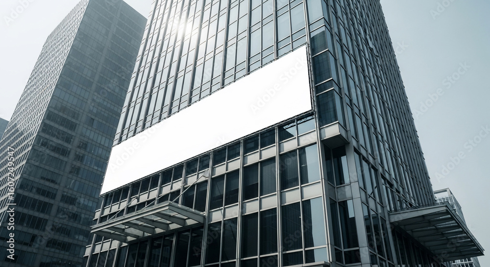 Naklejka premium Modern Skyscraper Facade with Blank White Billboard
