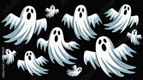 Frightening Halloween Ghosts Flying in the Night Sky Spooky Illustration.