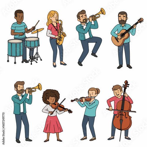 Musicians playing instruments band ensemble group performance
