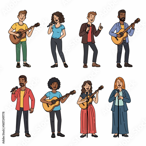 Musicians performing with guitars and microphones