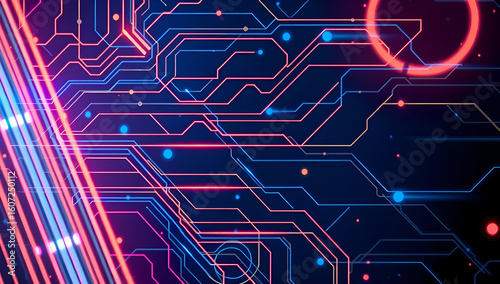 A glowing futuristic circuit board with data flowing.