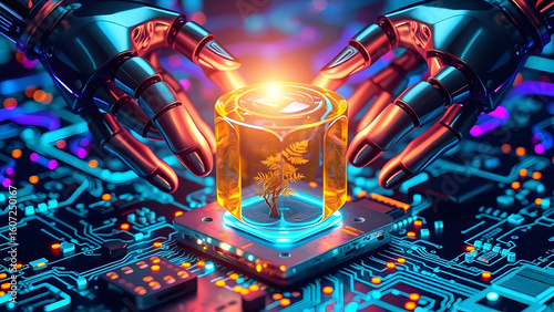 Futuristic robotic hands interact with a glowing biological element on an advanced circuit board, symbolizing innovation and nature in technology.