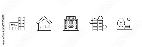 Real estate, home living, mall complex, hospitality building, cityscape park, minimal line vector illustration for modern creative use