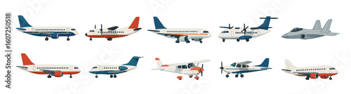 Set of airplanes is showcased, ranging from small private planes to larger commercial jets and military aircraft. Vector flat illustration