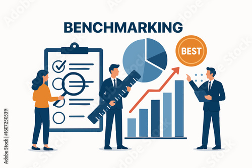 Business professionals engage in benchmarking exercises, using data analysis tools, visual aids to measure performance identify improvement areas, strategic growth, success. Vector flat illustration