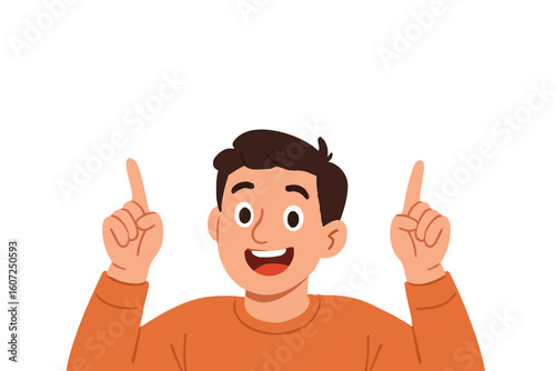 Young man with a cheerful expression is joyfully pointing up both hands while smiling. Male presenting, explaining, or promoting. Flat vector illustration on white background