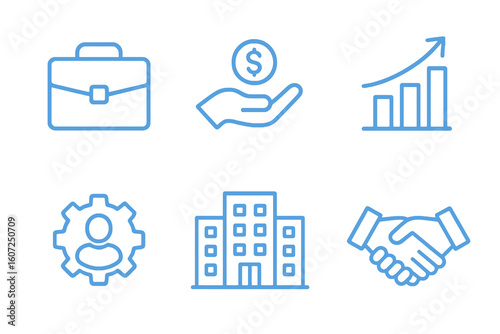 Blue thin line icons about work and economy, including briefcase, handshake, and bar chart. Perfect for business, civic, and financial apps.