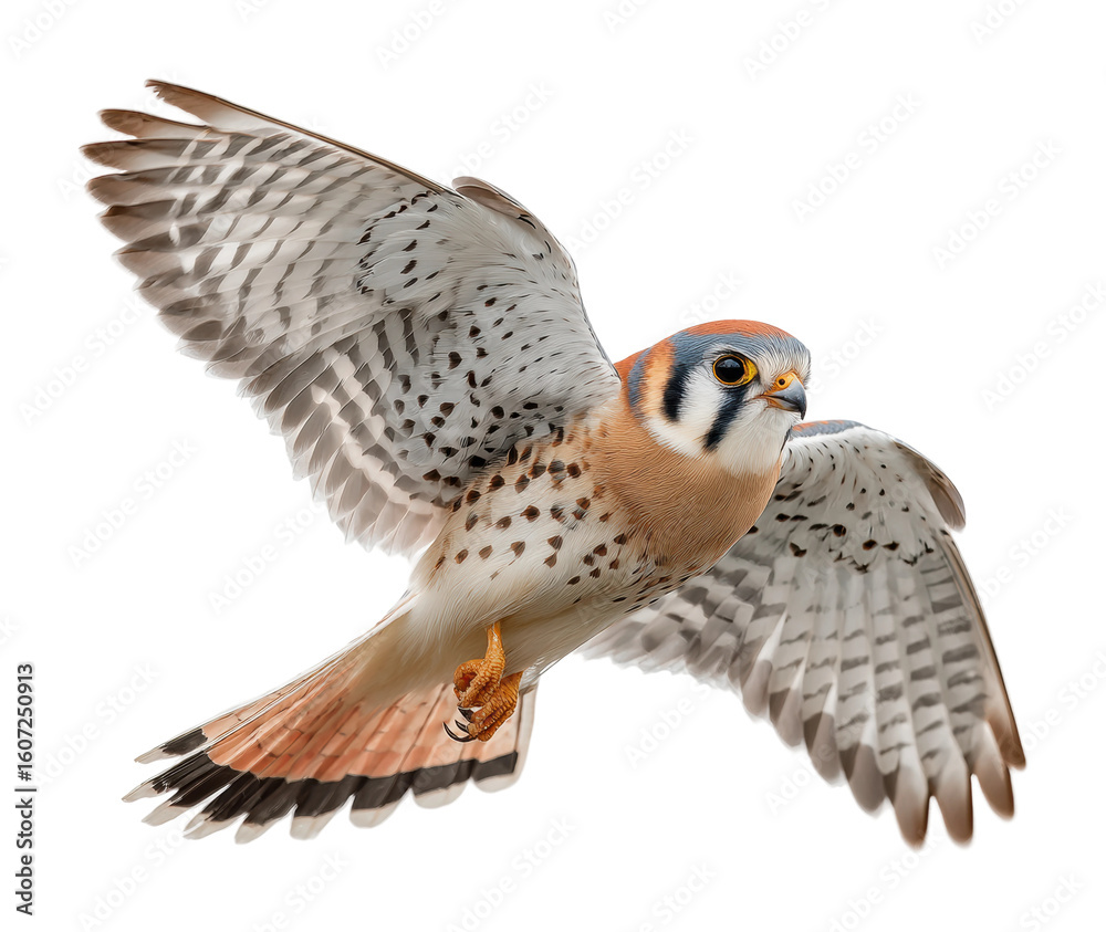 Fototapeta premium Hunting american kestrel in flight open sky wildlife natural habitat dynamic view isolated on transparent background