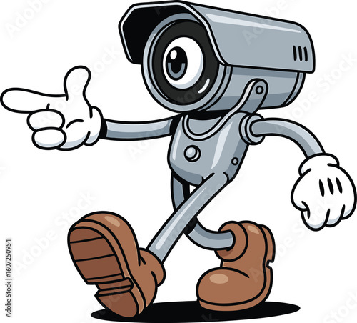 Animated cartoon character security camera pointing and walking in a fun illustration