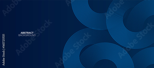 Blue abstract glowing geometric lines on dark blue background. Modern shiny blue circle lines pattern. Futuristic technology concept.
