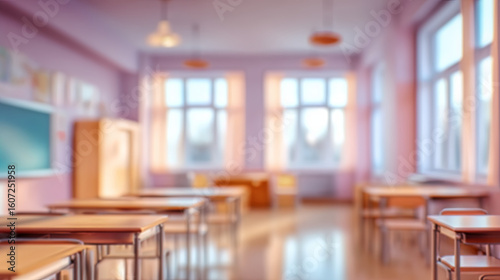 Blur Background of Peaceful empty classroom interior with soft pastel color and warm sunlight. Wooden desk and chair create nostalgic learning environment with blurred bokeh background