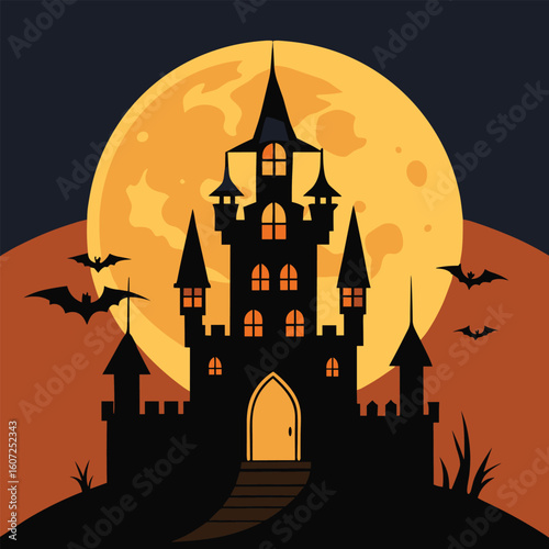Haunted Castle with Full Moon and Flying Bats.