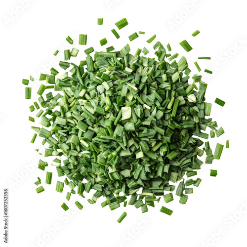Pile of dried chopped green chives seasoning isolated on white background
