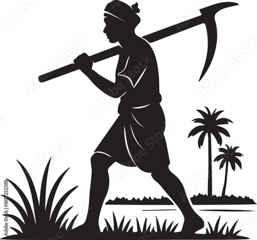 Silhouette of a Worker: A hardworking person stands tall against the backdrop of a sunny day, with agricultural instrument, exemplifying the value of toil and the beauty of labor.
